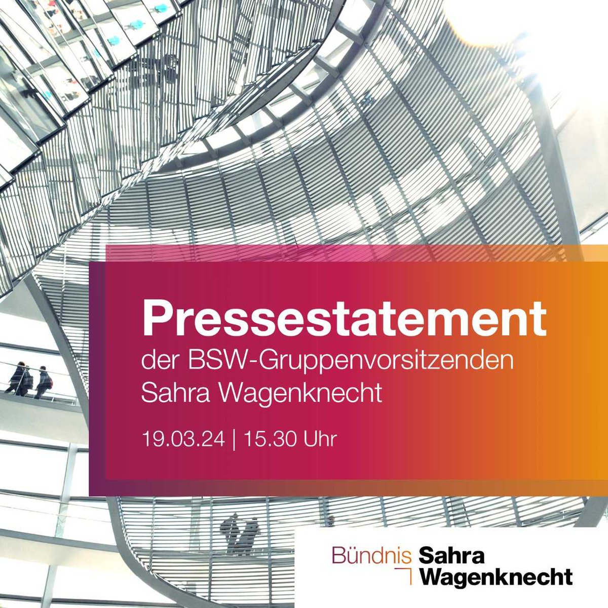 Seien Sie live dabei: Heute um 15.30 Uhr gebe ich mein #Pressestatement als Vorsitzende der #BSW-Gruppe im Deutschen Bundestag. Das Statement wird live auf meinem YouTube-Kanal übertragen: youtube.com/live/GhJpgQbmo…