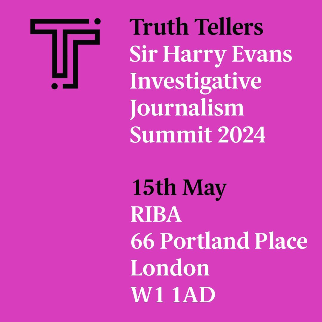 Truth Tellers, the Sir Harry Evans Investigative Journalism Summit, is co-hosted by @TinaBrownLM @Reuters Editor-in-Chief @AaGalloni, and @Durham_Uni Vice Chancellor Karen O’Brien. The 2024 summit takes place in London on 15 May and will be livestreamed at sirharrysummit.org