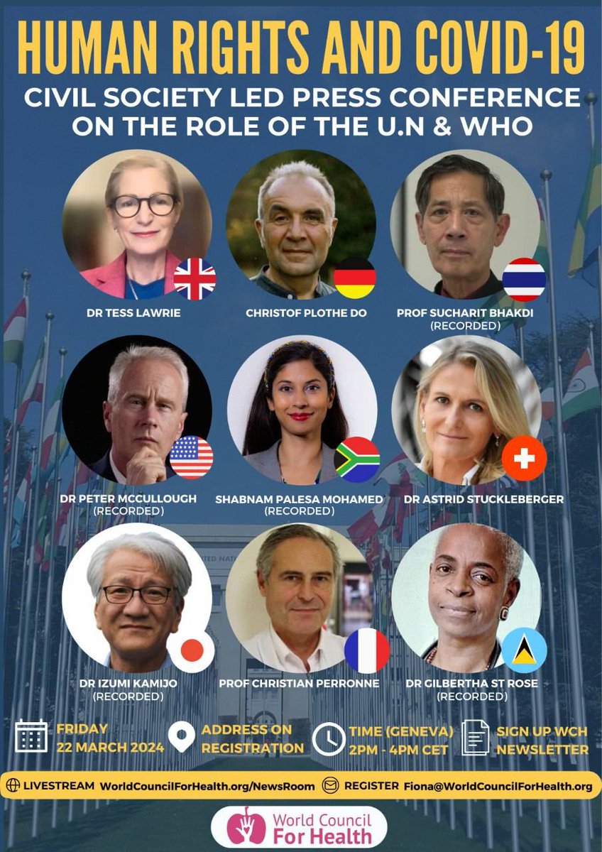 All are welcome to attend this historic civil society-led press conference on Human Rights & COVID-19 on Friday 22nd March at 2pm CET in Geneva. @P_McCulloughMD @ShabnamPalesaMo @VeraSharav @FreeWCH @WCH_Japan2023 @Cassandre2305 @sudokuvariante @Bitcoin1967 @PierreKory
