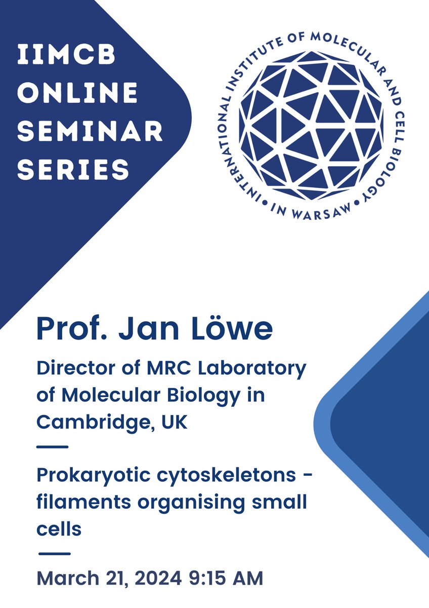 We are pleased to invite you to the upcoming scientific seminar by Prof. Jan Löwe, Director of @MRC_LMB. 🗓️21.03.2024 🕘9:15 AM CET 💻Join us on ZOOM: bit.ly/3IOwFnT #IIMCBseminar #IIMCBonlineSeminarSeries