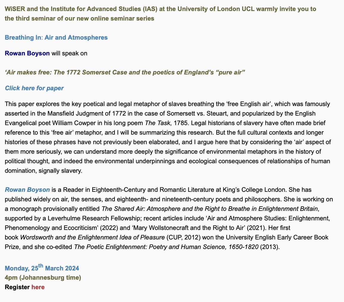 WitsWiSER's tweet image. #Ep03 Breathing in | Air makes free: The 1772 Somerset Case and the poetics of England’s “pure air” 
Presented by Rowan Boyson

🗓️ Monday, 25th March 2024
🕓 4pm (SAST time)

📝 available online: wiser.wits.ac.za

details below 👇