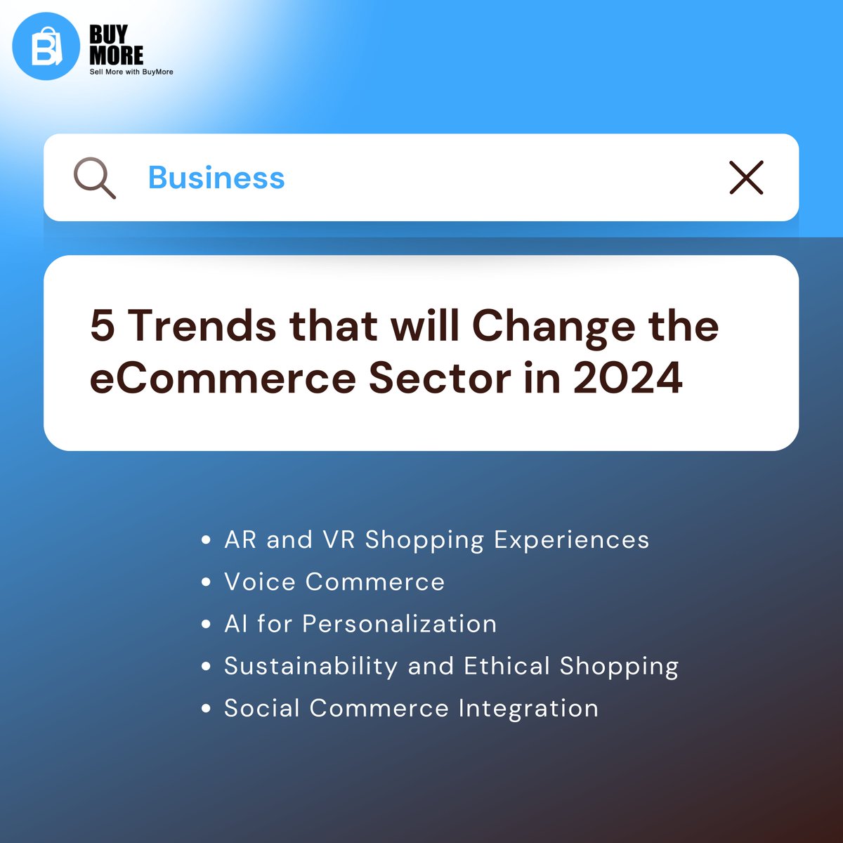 5 Trends that will Change the eCommerce Sector in 2024! 🚀

#EcommerceTrends #DigitalRetail #OnlineShopping #Retail #RetailInnovation #ConsumerTrends #AI #ShoppingExperience #OnlineRetail #DigitalCommerce #EcommerceStrategy #MarketTrends #EcommerceBusiness #OnlineSales #BuyMore