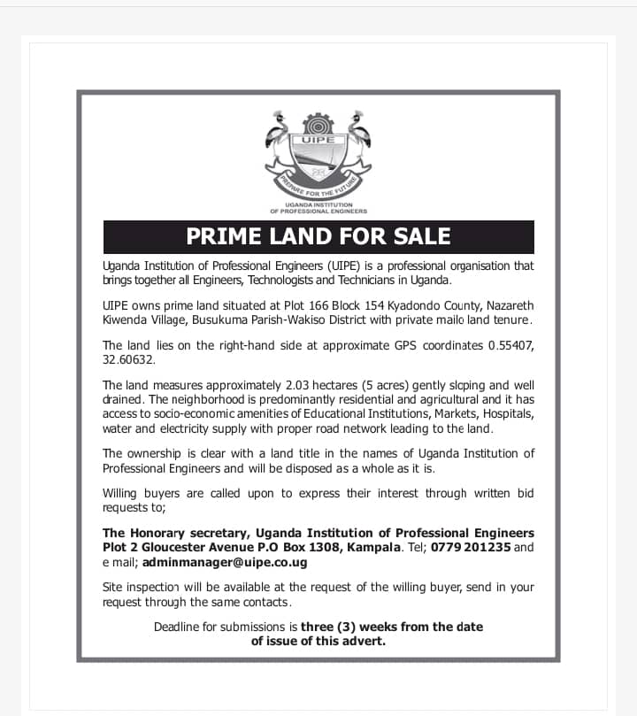 PRIME #LAND FOR SALE in  #Wakiso District

With access to Electricity, Water, Markets and Hospitals.

If interested write to the Honorary Secretary #UIPE or Email: adminmanager@uipe.co.ug

#UIPEUpdates