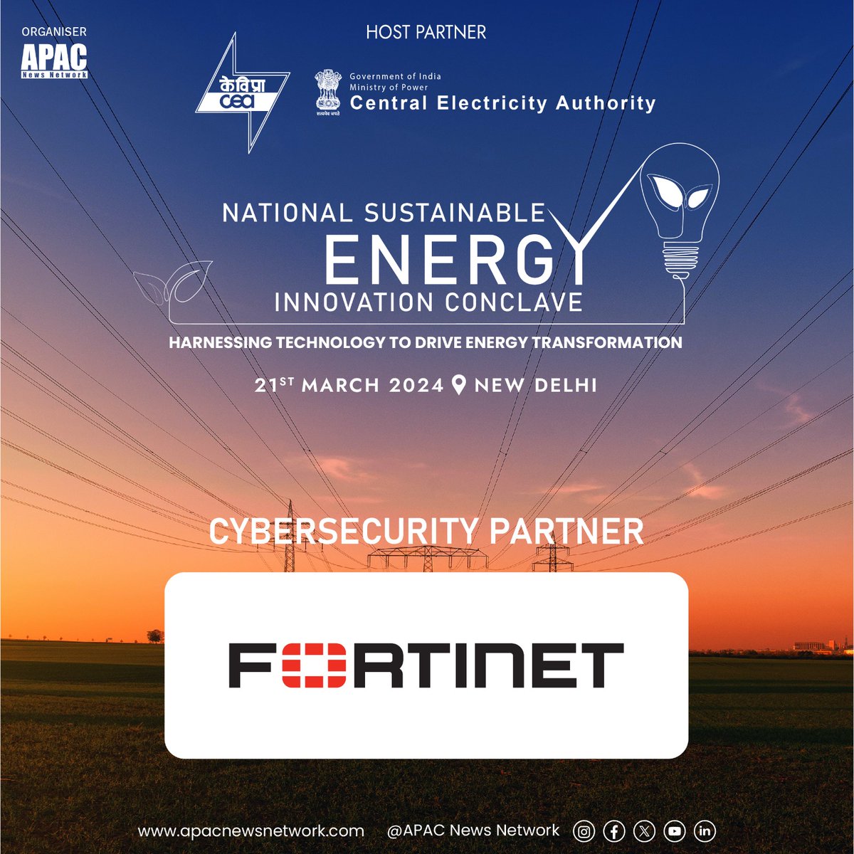 Apacnewsnetwork's tweet photo. We're excited to announce @Fortinet as the Cybersecurity Partner at National Sustainable Energy Innovation Conclave hosted by the Central Electricity Authority (CEA) in New Delhi on 21 March, 2024 

Registration Link-  https://t.co/C2kImRJsEo

#APACEnergy #APACSustainability https://t.co/sE6NJ1bNAH