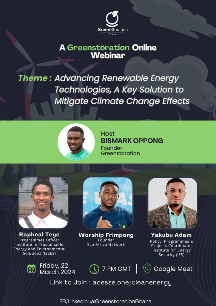 greenstoration's tweet photo. Join us for our first webinar of the year as we delve into the crucial topic of "Advancing Renewable Energy Technologies: A Key Solution to Mitigate Climate Change Effects."

📅 Date: Friday, March 22, 2024
🕖 Time: 7:00 PM GMT
📍 Venue: Google Meet
https://t.co/pk8GJBO2Ah https://t.co/ritCvhH0mc