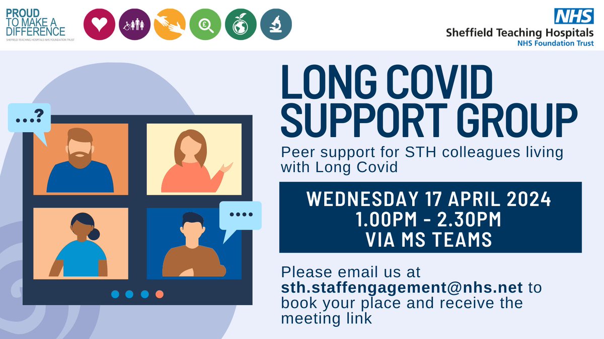 Our next meeting of the STH Long Covid Support Group will be on: 📅 Wednesday 17 April 2024 🕒1.00-2.30pm 📃The focus of the session will be brain fog STH staff can email sth.staffengagement@nhs.net to request the meeting link