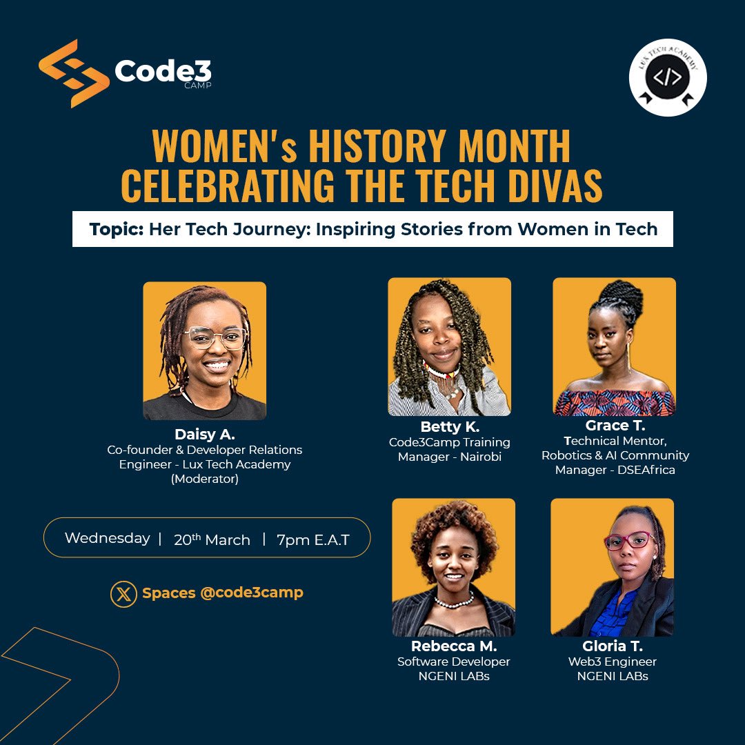 🚀 Get ready to be inspired by our tech-savvy divas! 🌟 Set your alarms for Wednesday, March 20th, 2024, at 7:00 pm EAT!

Prepare to be amazed by their vibrant discussions! 💥

Catch you then! 🫵

#TechTrailblazers #WomenInTech #Code3Camp