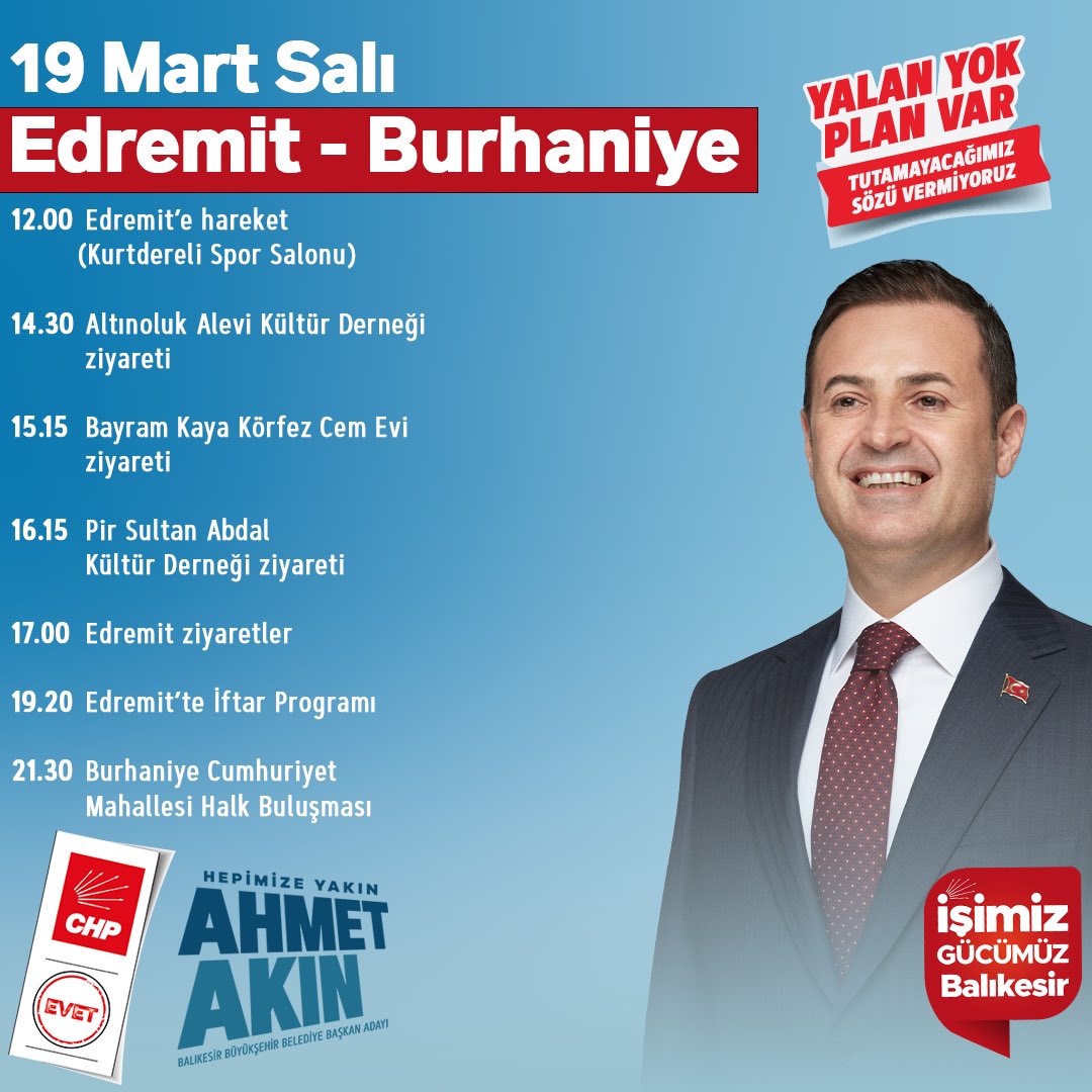 19 Mart Salı Günü Edremit ve Burhaniye’de buluşuyoruz. Görüşmek dileğiyle...