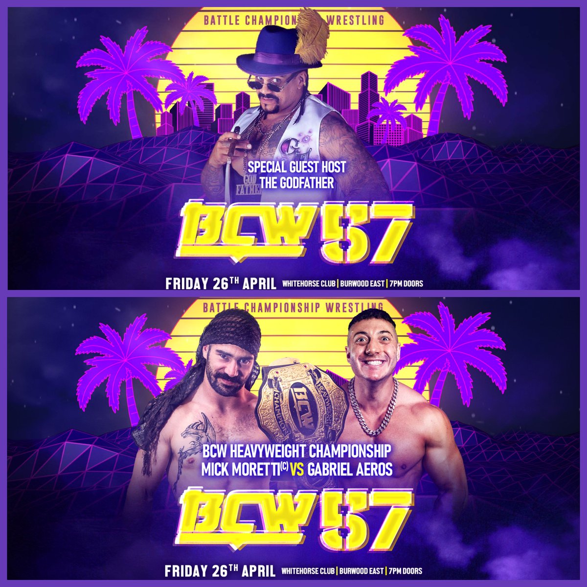 ***BCW 57 - UPDATED CARD*** Special Guest Host: The Godfather BCW Heavyweight Championship: Mick Moretti (c) Vs Gabriel Aeros Book here: moshtix.com.au/v2/event/battl… and here: moshtix.com.au/v2/event/pimpi… #battlechampionshipwrestling #thegodfather @fullrapscallion @gabrielaeros