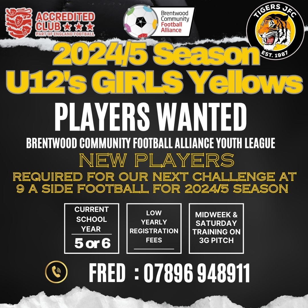 Tigers U11's Girls Yellows are looking for players for next season as they move up to 9v9 Football for the 2024/25 season. If interested in coming along to a training session then please give Fred a call on 07896 948911 @EssexCountyFA @BCFAYL