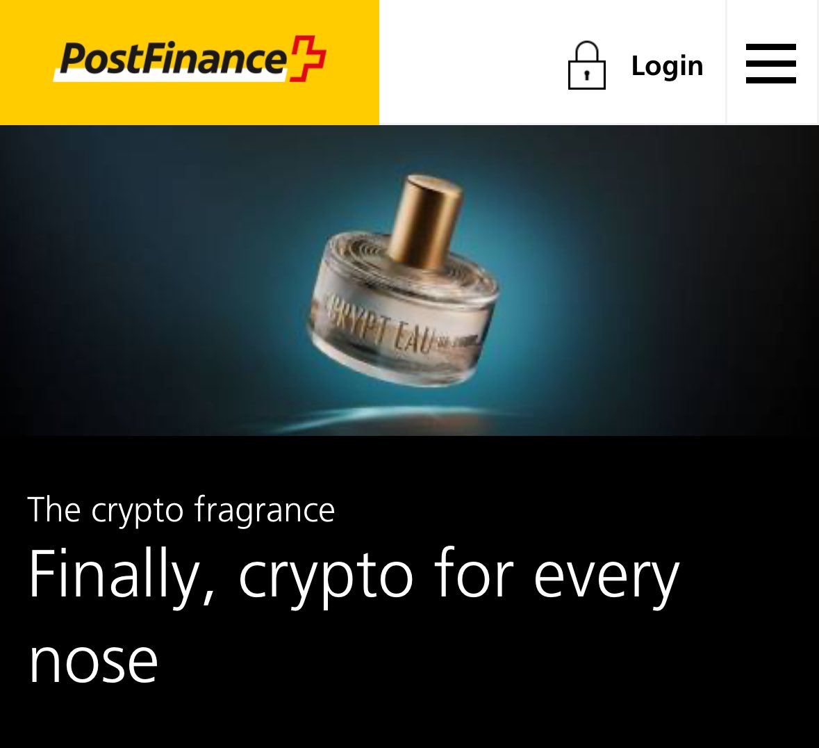 Le Crypt Eau de parfum, the fragrance of crypto, created by @PostFinance, with the help of AI. True story postfinance.ch/en/private/cam…