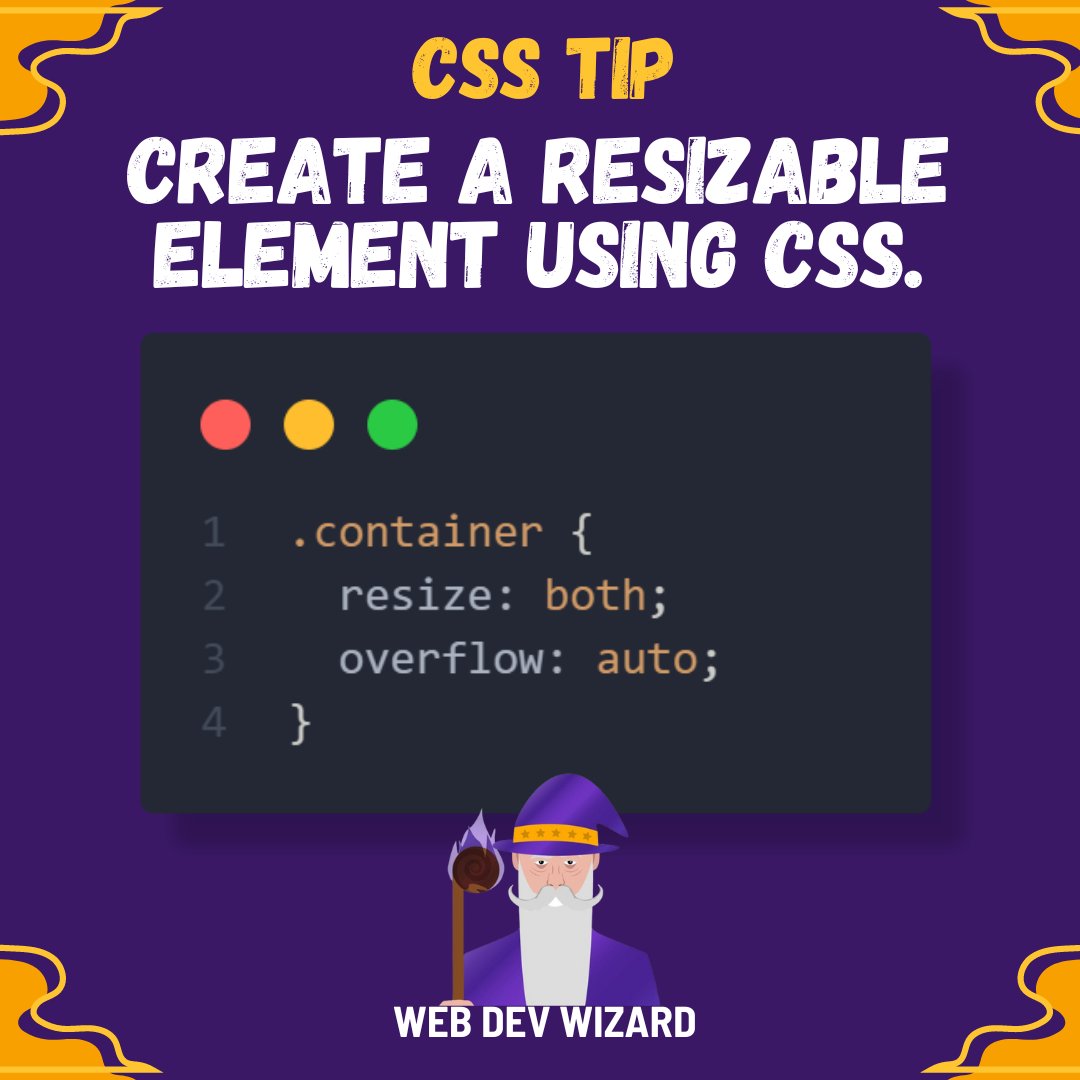WebDevWizard0's tweet image. CSS Quick Tip💡
Create a resizable element using just two lines of CSS 🚀