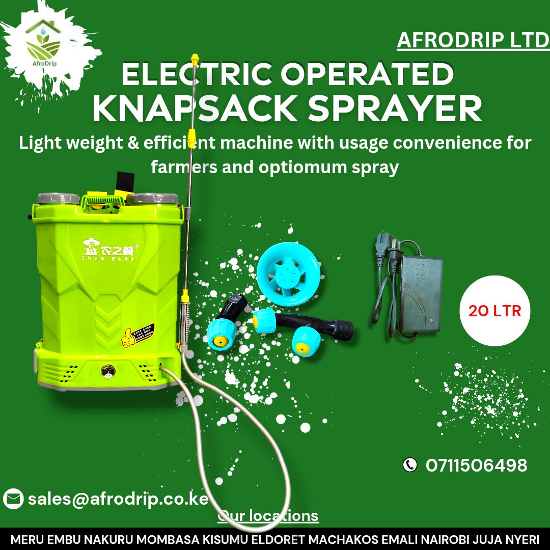 Afrodrip_ltd's tweet photo. Elevate your gardening game with the Electric Knapsack Sprayer! ๐ฆ Say goodbye to manual pumping & hello to effortless spraying power! ๐ฑ Perfect for precise application of pesticides, herbicides & fertilizers. #afrodrip #ElectricSprayer #GardeningTech ๐ฟ๐ https://t.co/1iAOGGiRbZ