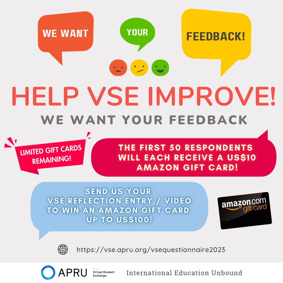📢 VSE students of S2&3, 2022-23, and S1, 2023-24, share your feedback by March 28, 2024 to win rewards! 🎁 First 50 participants get a US$10 Amazon gift card! 💡 Share your reflection or video to win up to US$100! 🌐 vse.apru.org/vsequestionnai… @apru1997 #APRU #VSE