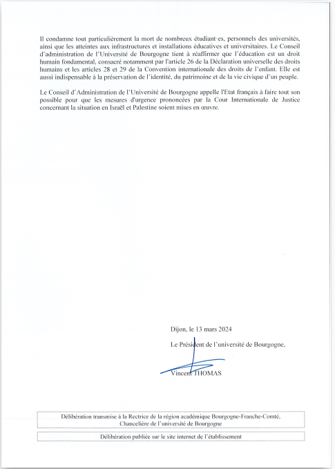 Motion du CA de l'uB du 13/3 sur la situation à Gaza: "le CA de l’uB se joint aux appels à un cessez-le-feu immédiat et permanent à Gaza, en Cisjordanie, en Israël, au Liban et dans l’ensemble de la région."