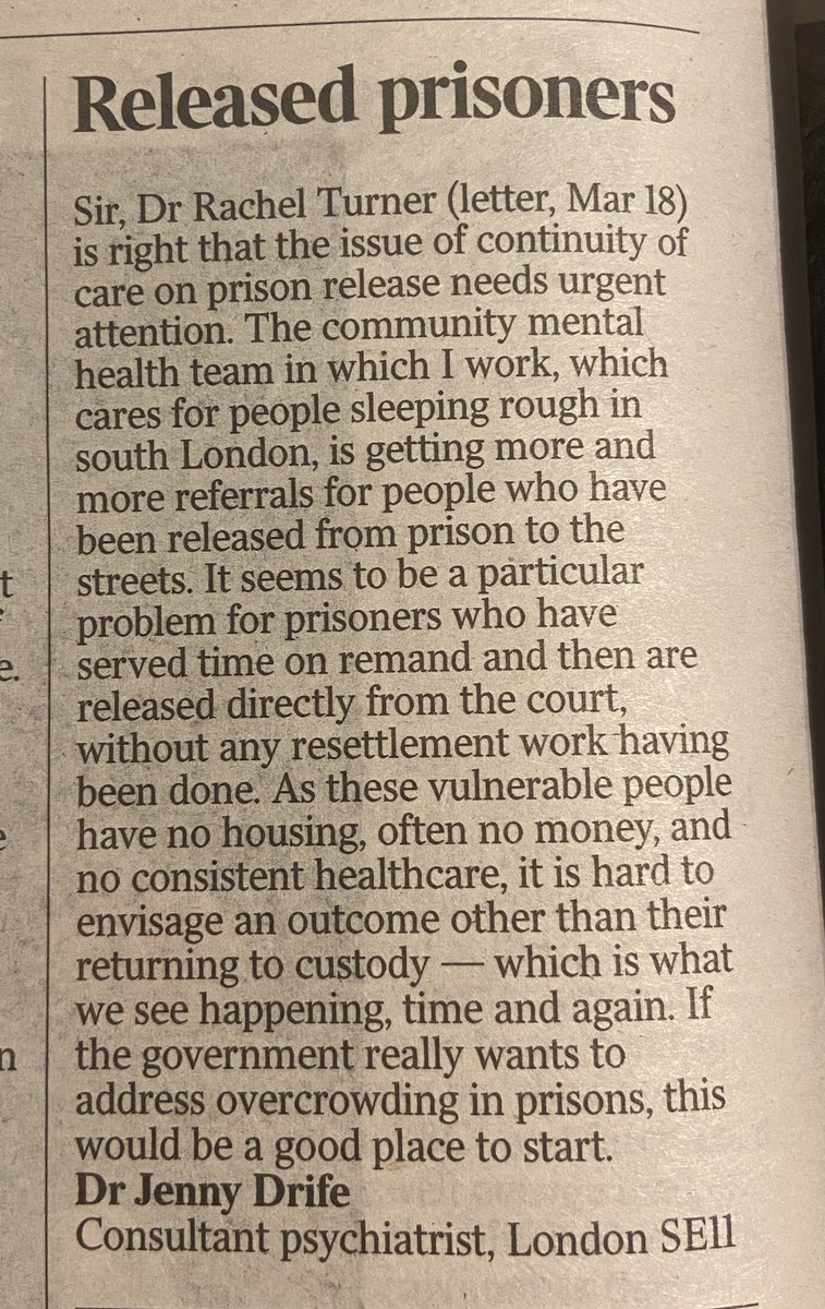 I wrote to The Times about prison releases to the streets, following up on @DrugsDocRT yesterday. If anyone can suggest what else can be done about this, please let me know! #EveryonesHealthMatters