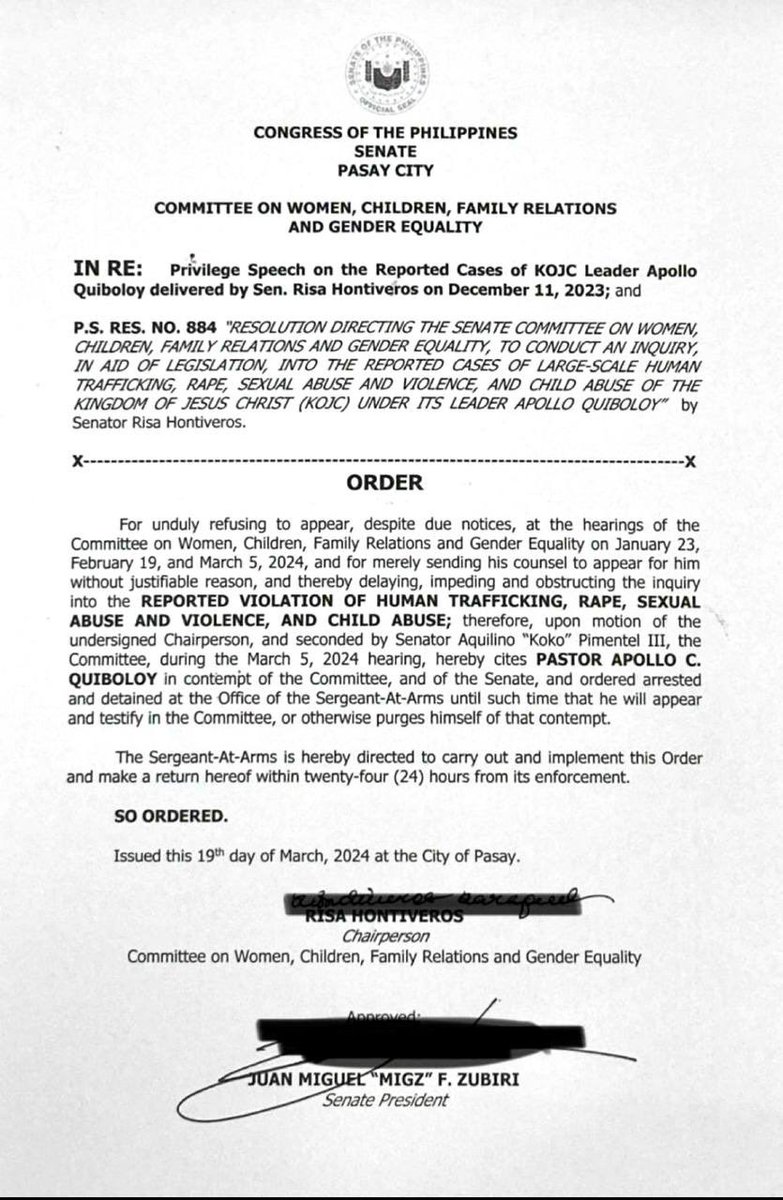 Yes, the arrest order vs Quiboloy is out! Ang pambabastos niya sa Senado ay hindi dapat palampasin. Para sa mga testigo na naglakas loob na makilahok sa dambuhalang labang ito: THANK YOU! Kayo ang puso ng imbestigasyon na ito, at kasama niyo kami sa Senado hanggang dulo.