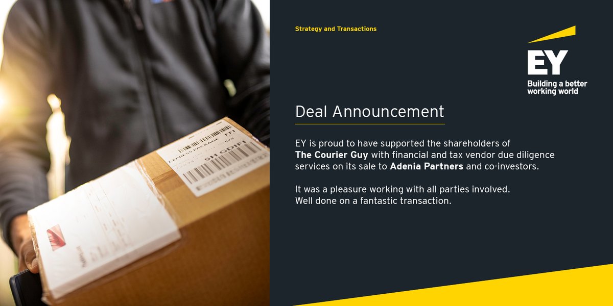 EY is proud to have supported the shareholders of The Courier Guy with financial and tax vendor due diligence services on its sale to Adenia Partners and co-investors. Well done to all teams involved!