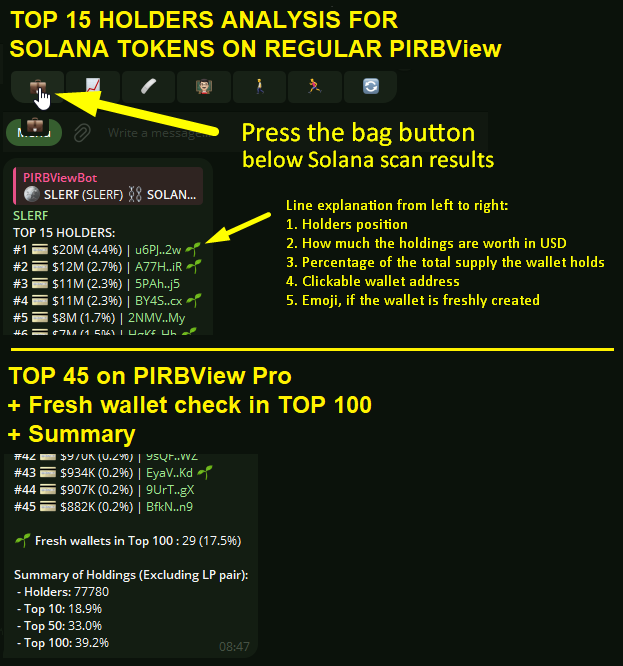 PIRB_ERC20's tweet photo. #PIRBView & PIRBView Pro are able to analyze the Top 15/Top 45 holders of any token paired to $SOL on the #Solana Chain NOW!
Click the 💼 briefcase button below the scan results of any SPL token to trigger the scan!
Try it out by sending https://t.co/26j8RhhRpO or https://t.co/b6wa2yiCeE a direct message!
-------------------
⚠️ Buy my $PIRB token to receive REVENUE SHARE from all bot income and receive FREE ACCESS to my premium bots!
Web: https://t.co/BVheRG0cpx
TG: https://t.co/DVss0I41WF
Whitepaper: https://t.co/GjlIn5zkun
-------------------
#SolanaSpring #SolanaMemeCoins #SolanaSecurity