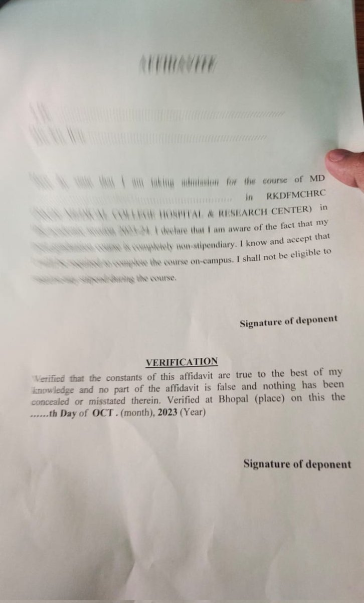 Indian__doctor's tweet photo. Stipend Scam !!
Private medical college  (RKDF,#Bhopal)is trying to force to sign this affidavit that the course is completely nonstipendiary !!

Stipend is the Rights of Hardwork of interns/residents !!
How can colleges do this ?
#MedTwitter @mansukhmandviya
@NMC_IND https://t.co/FAphviDtYF