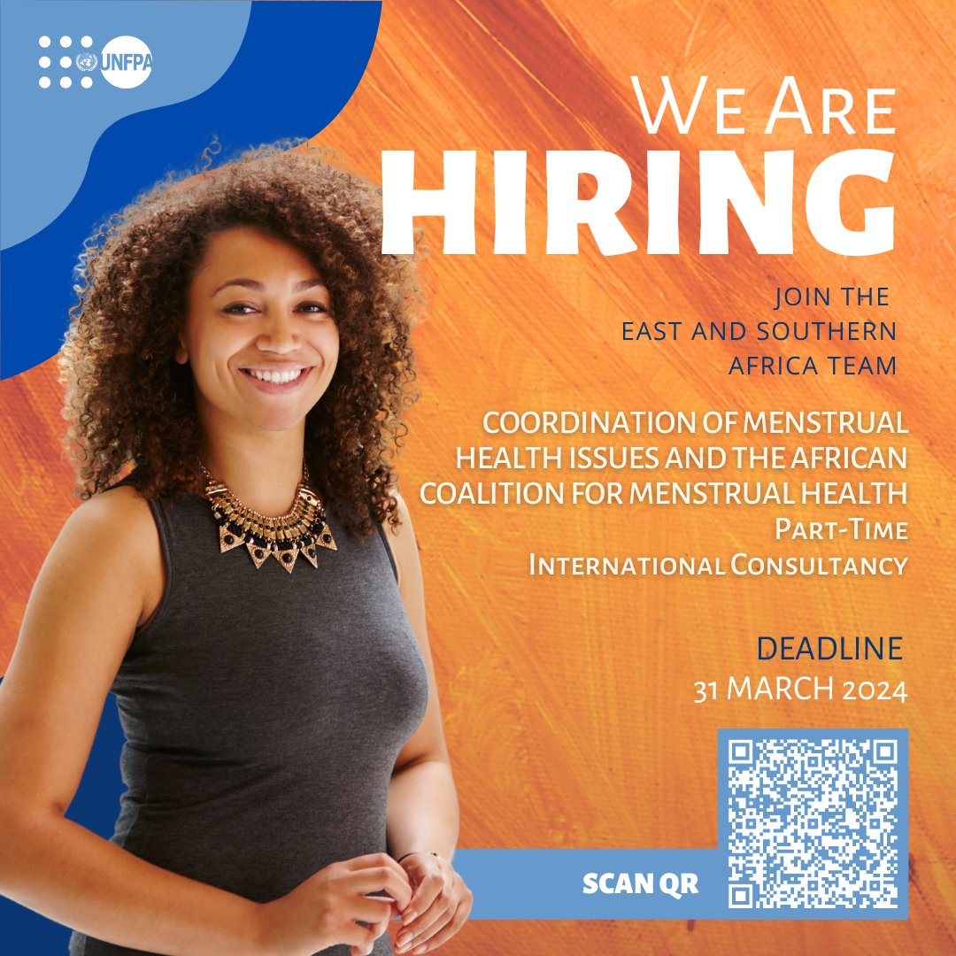 📣 #JobAlert | We are looking for a #menstrualhealth expert for the Coordination of Menstrual Health Issues and The African Coalition for Menstrual Health international consultancy. 

Apply here or scan the QR code estm.fa.em2.oraclecloud.com/hcmUI/Candidat… 

📅 Closing date 31 March 2024