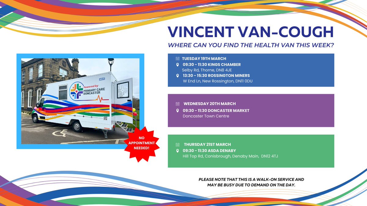 🚌 Say hello to Vincent Van-Cough, hitting the streets of #Doncaster starting TODAY, bringing drop-in GP clinics closer to you! 📍Check out this week's location below! 📸 Spot Vinnie out and about? Snap a picture and tag it with #VincentVanCough – we’d love to share it!