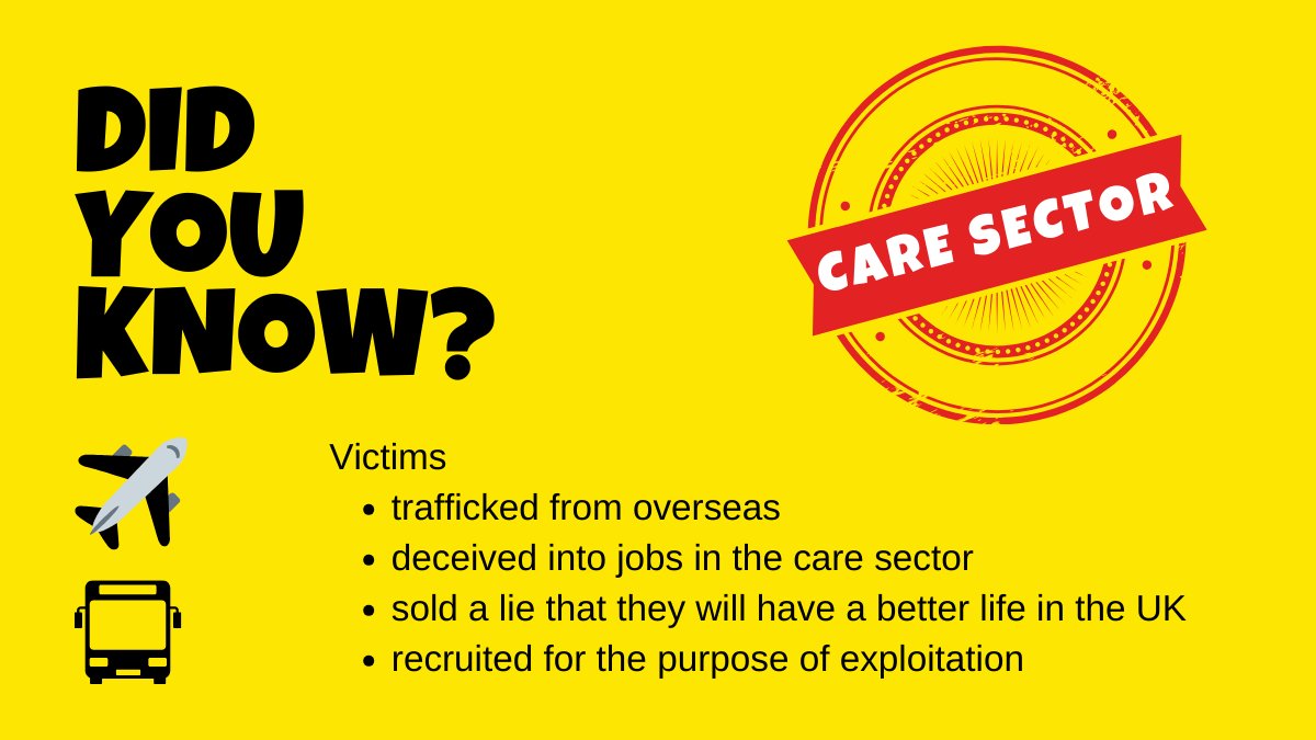 Victims of #LabourExploitation in the care sector are primarily trafficked from overseas, and sold a lie that they will have a better life in the UK when in fact they were recruited for the purpose of exploitation. Report concerns to us. Email: intelligence@gla.gov.uk #care