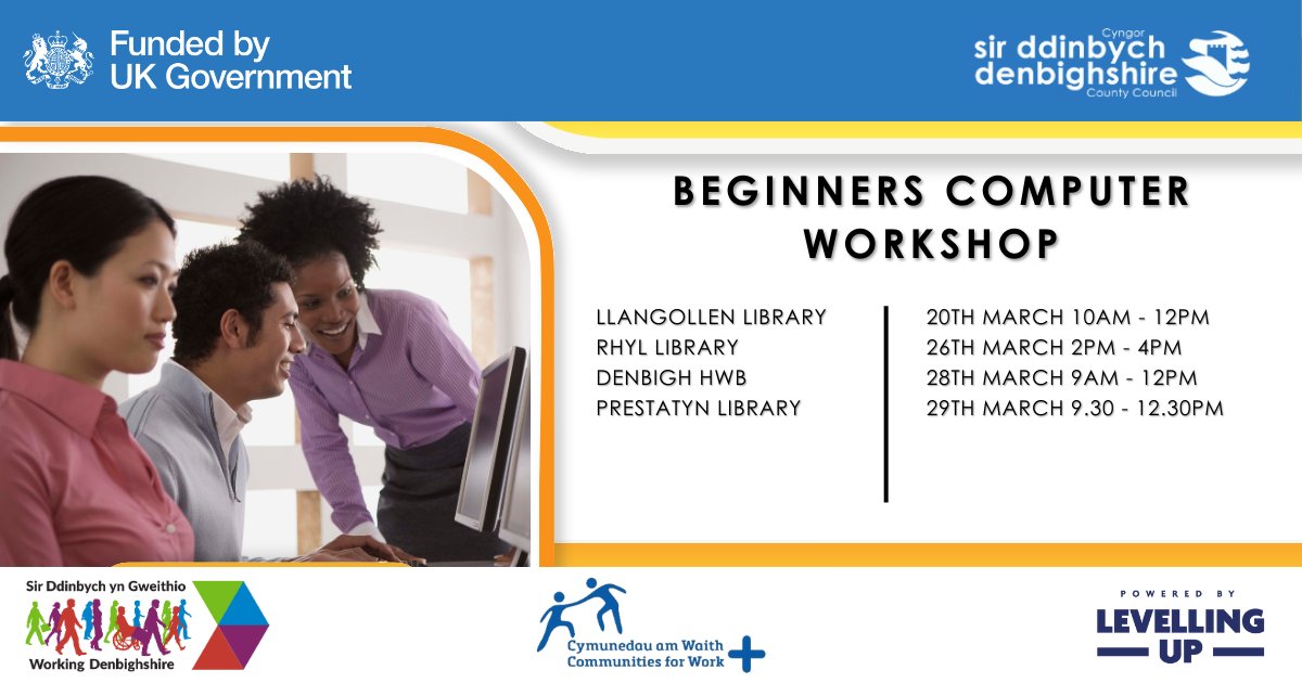 WrkDenbighshire's tweet photo. We have teamed up with Cwmpas to offer FREE basic computer workshops for Denbighshire residents!
Our next workshop will be tomorrow at Llangollen Library 📅 and no sign up is needed - just turn up. https://t.co/Yvvz2HNPJk