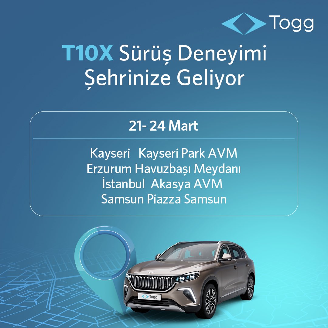 Erzurum, İstanbul, Kayseri, Samsun 📣 T10X sürüş deneyimi şehrinize geliyor! < 🚘 > Hemen kayıt olun, #DoğuştanElektrikli #T10X ile test sürüşü randevunuzu oluşturmak için sizi arayalım. Kayıt: togg.com.tr/t10x-surus-den…