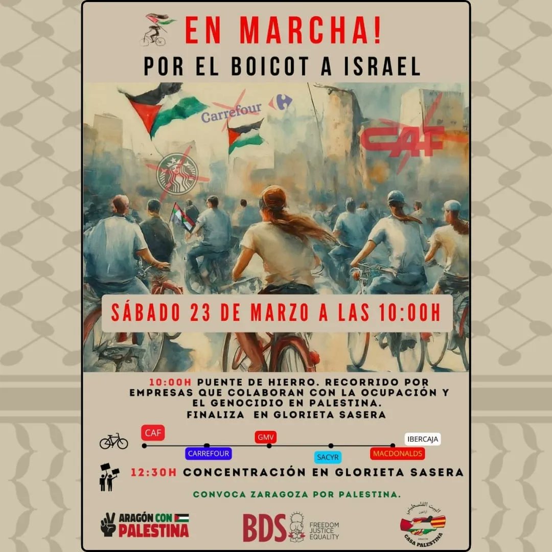 🚲🇵🇸 ¡EN MARCHA! Por el boicot a Israel. ‼️RECUERDA. Este sábado en #Zaragoza: - 10:00 Puente de Piedra. Inicio de la bicicletada. - 12:30 Glorieta Sasera. Concentración. Hay razones más que suficientes para el #BoicotIsrael 👇👇👇