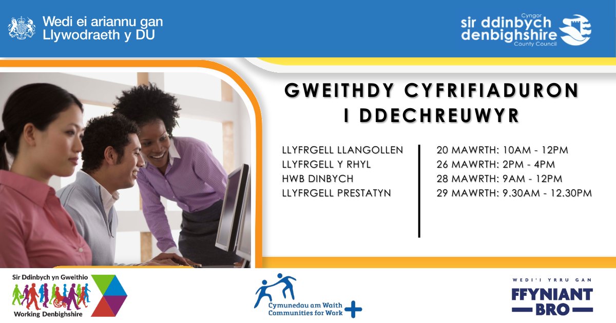 WrkDenbighshire's tweet photo. Rydym wedi uno gyda @Cwmpas i gynnig gweithdai cyfrifiadur sylfaenol AM DDIM ar gyfer preswylwyr Sir Ddinbych!
Bydd ein gweithdy nesaf yfory yn Llyfrgell Llangollen 📅 ac nid oes angen cofrestru - dim ond galw heibio. https://t.co/VBIghOwSsR