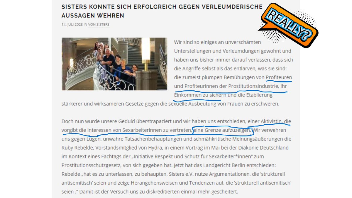 Das schriftliche Urteil im #SLAPP|versuch Sisters e.V. gegen Ruby Rebelde ist da:

Wer das "Phantom einer „Prostitutionslobby“" beschwört, muss sich gefallen lassen, wenn solche Äußerungen als strukturell antisemitisch eingeordnet werden.
Wer hat am 14.7.23 zu früh gefeiert, mhm?