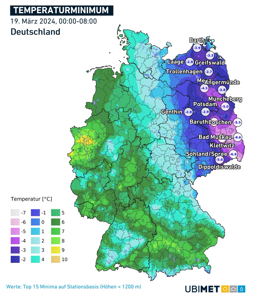 Wo war es vergangene Nacht frostig? Gut zu sehen auf nachfolgender Karte, von der Lübecker Buch bis ins Vogtland sowie östlich davon. 
Kältepol war Hoyerswerda mit -7°. Für Mitte März sind solche Temperaturen in der Nacht aber normal.