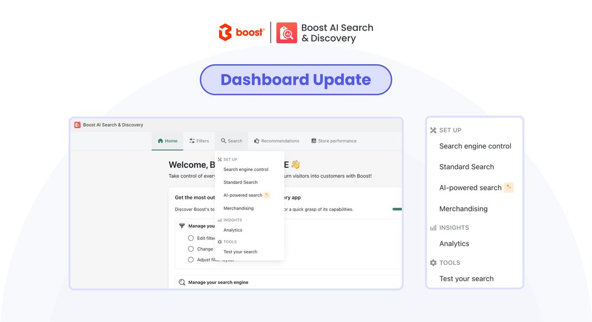 _BoostCommerce_'s tweet image. DASHBOARD UPDATE
To make our app look tidier and more user-friendly, we'll tweak our app's menu slightly to make the important features stand out.
The settings are grouped together, making them easier to locate.
Explore the improved dashboard, and let us know what you think!