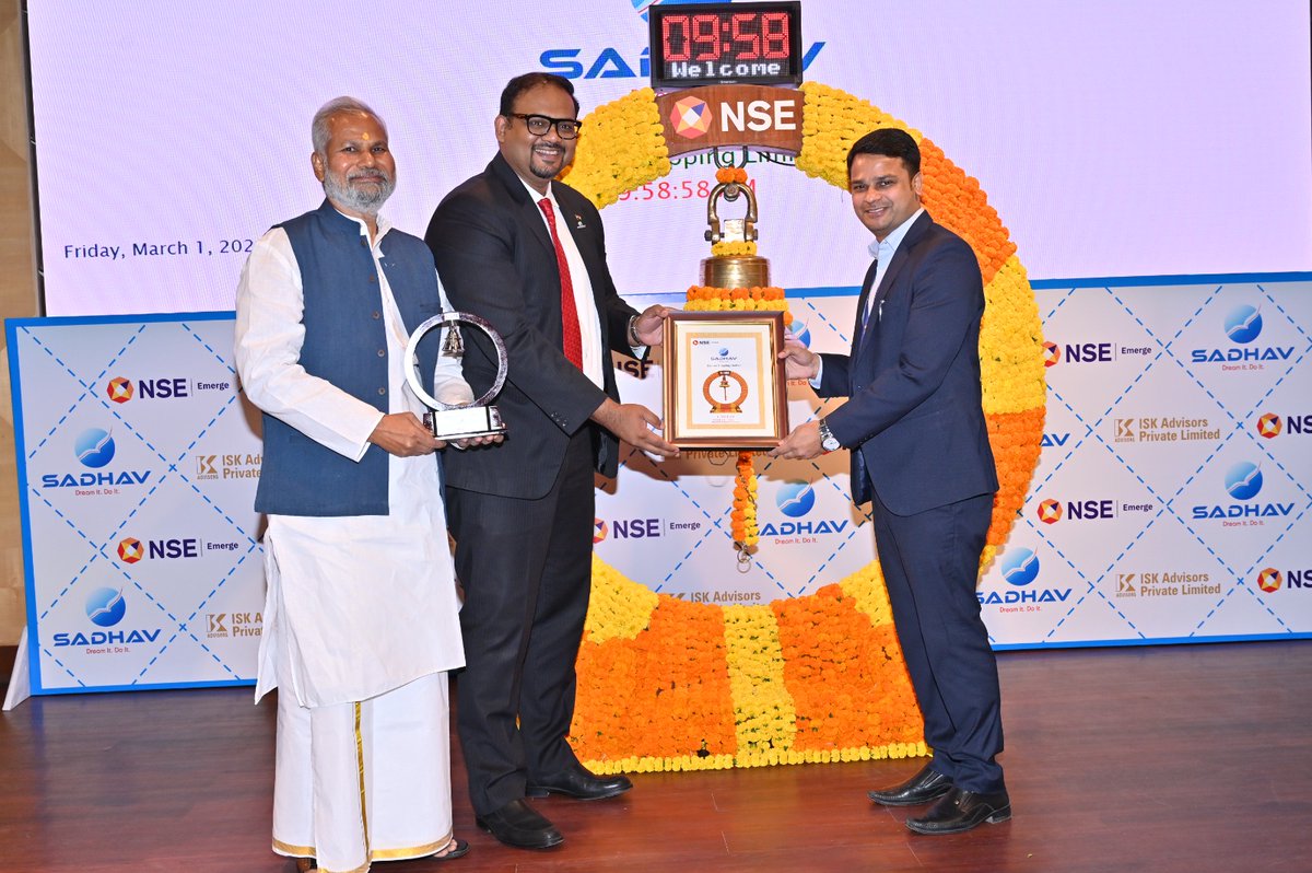 GroupSadhav's tweet photo. Sadhav Shipping Ltd. achieved a major milestone by listing on the National Stock Exchange - Emerge Platform. Capt. Kamal Kant Choudhury, the CMD, and Mr. Vedant Choudhury, the CEO, rang the bell alongside Mr. Jayesh Taori, Assistant Vice President of NSE. https://t.co/mmdtpsSRry