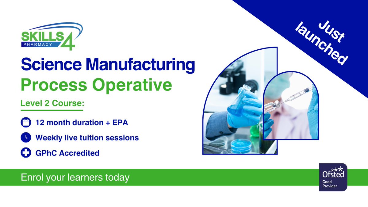 We are excited to announce that you can now enrol your learners for our new Science Manufacturing Process Operatives (SMPO) Apprenticeship.

Contact us to enrol your learners on this Level 2 SMPO Apprenticeship starting at the end of April: bit.ly/3IJaaRe

 #pharmacy