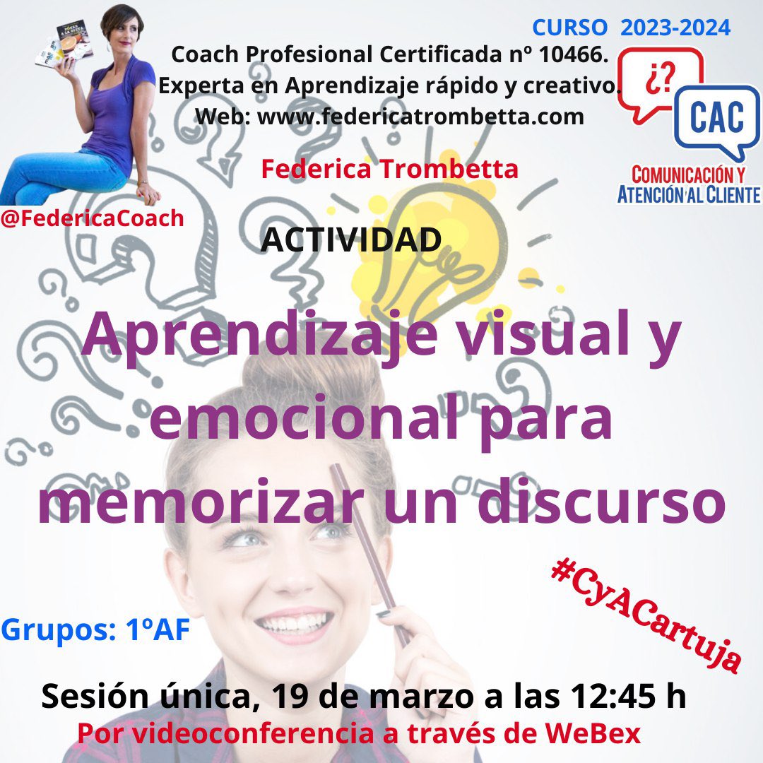 Hoy a las 12:45 h contaremos por videoconferencia con <a href="/FedericaCoach/">Federica Trombetta</a> que nos ayudará con técnicas para revolucionar el estudio y el aprendizaje  ¡os recomiendo su libro Mastermind! 

#CyACartuja #FP #Comunicación