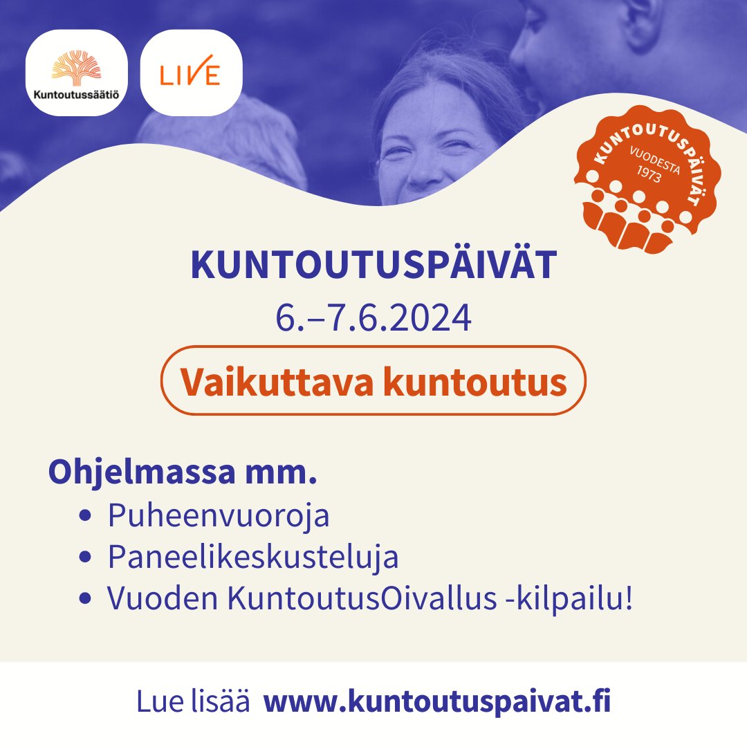 Kuntoutuspäivillä on luvassa paljon asiaa vaikuttavasta kuntoutuksesta! Ohjelmassa mm. 🔵Sosiaaliturvaministeri Sanni Grahn-Laasosen avauspuheenvuoro 🔵Paneelikeskusteluja 🔵KuntoutusOivallus -kilpailu ➡️Tutustu täydentyvään ohjelmaan ja ilmoittaudu kuntoutuspaivat.fi/ohjelma