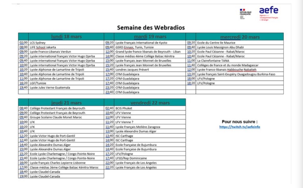 La « Semaine des Webradios » de l’@aefeinfo a débuté sur la chaine Twitch de l’Aefe dans le cadre de la #SPME 📻 ➡️Une semaine d’antenne en direct ➡️Près de 50 lycées du monde mobilisés ↪️L’Info sur tous les fronts #EMI 👉twitch.tv/aefeinfo @infonumerik