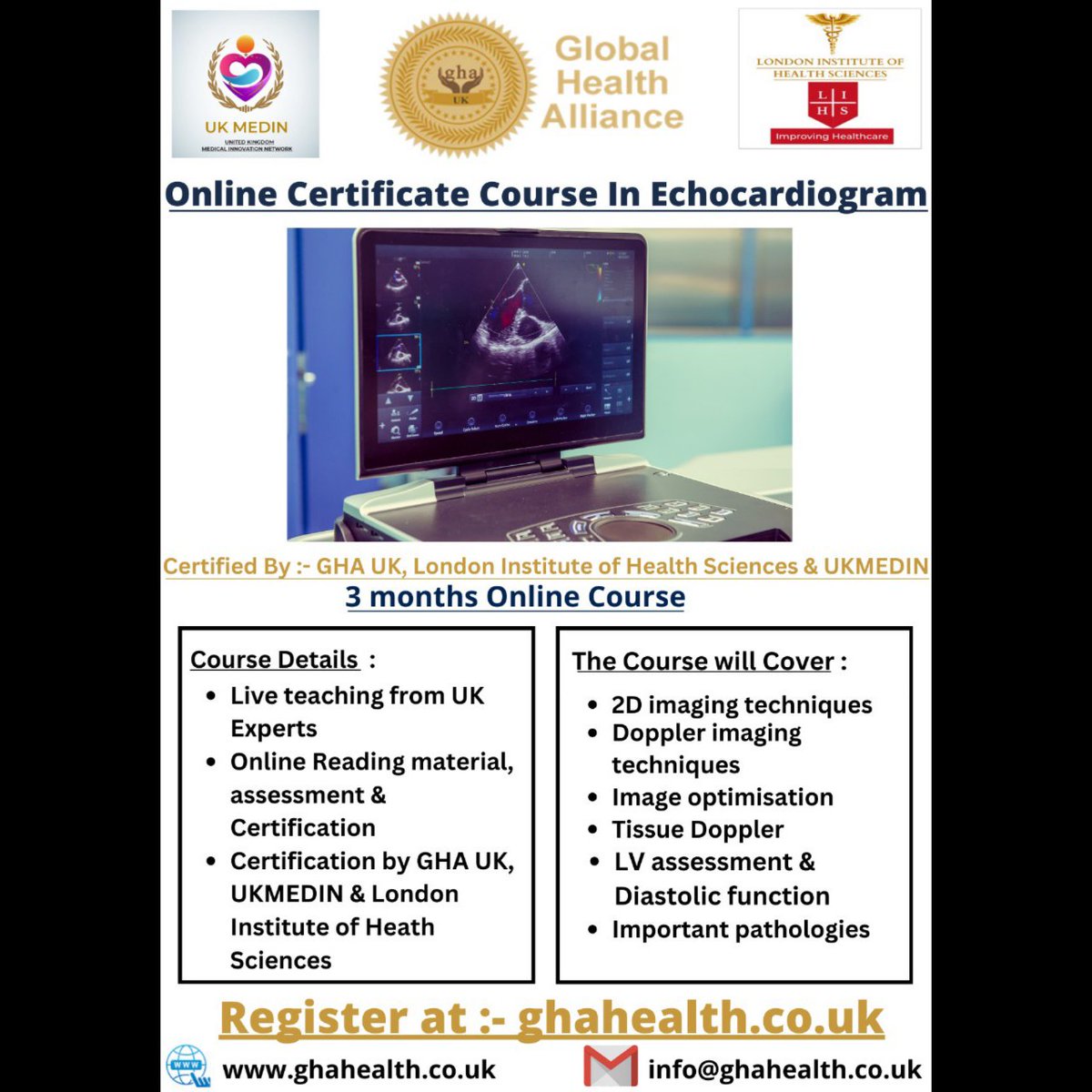 GhaHealth's tweet photo. Online Certificate Course in Echocardiogram (3 months)
• Register at:- https://t.co/RSXcsgGmPq
• Email :- info@ghahealth.co.uk
#echo #echocardiogram #cardiovascular #CardioEd #Cardiotwitter #medtwitter #echofirst #HeartEcho #ESC #AHA #CriticalCare #CardiologyTrainee https://t.co/dWSyJu4DWN