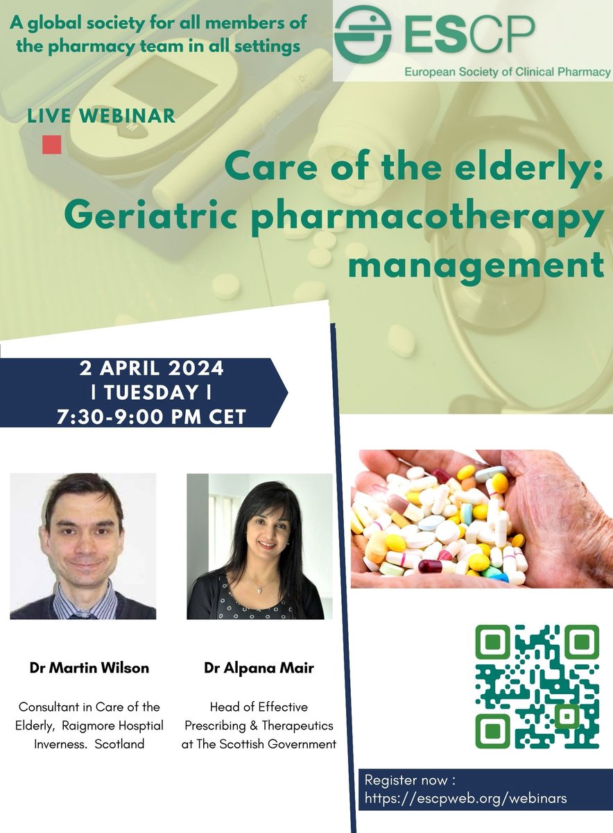*Great opportunity for professional development* Will cover - geriatrics, frailty, pharmacotherapy and medication review FREE for members, €25 for non-members Scan QR code to register. For registration: bit.ly/3q98tqC #pharmacy #pharmacists #clinicalpharmacy