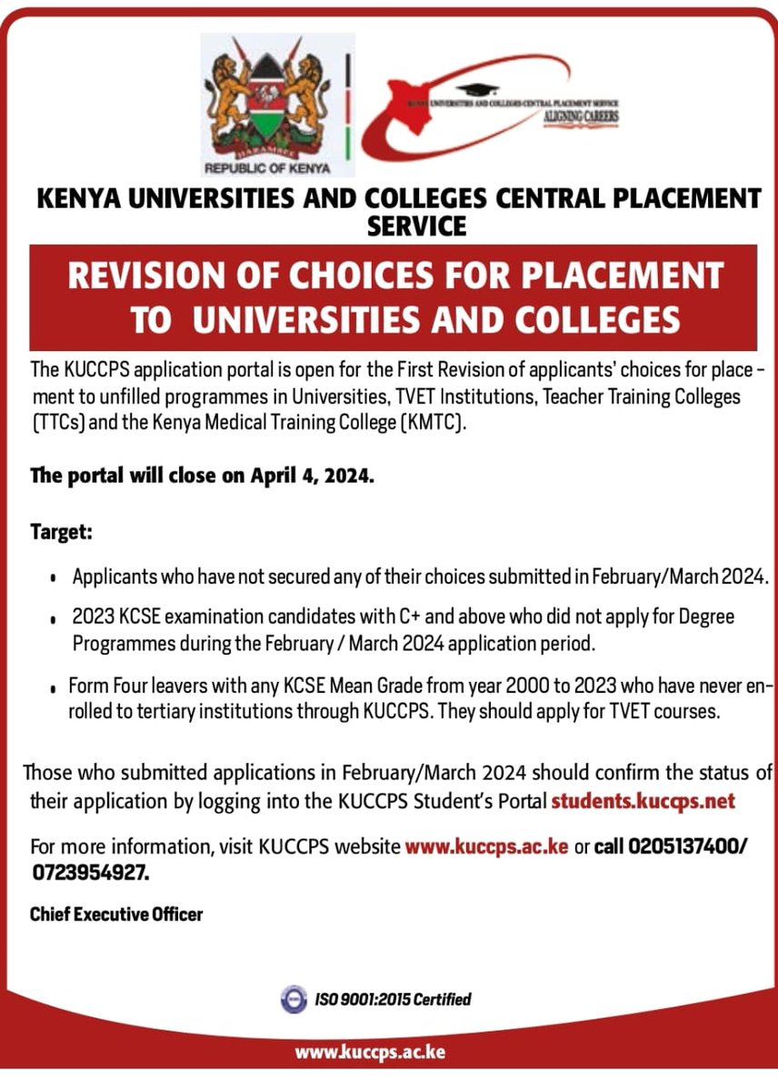 Did you wish to join #otti and missed a chance? Well KUCCPS is open for revision of choices to various Institutions. The portal closes on 4th of April. #AdmissionsOpen