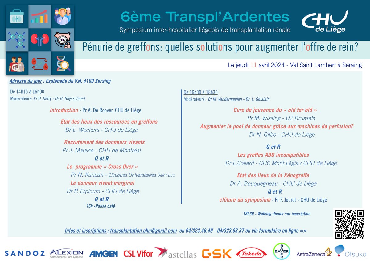 "N'oubliez pas de vous inscrire pour notre prochaine après-midi consacrée à la transplantation!! #Transpl'ardentes!! "Pénurie de greffons : quelles solutions ?" <a href="/ChuliegeC57936/">CHULiège Communication</a> <a href="/GNFB_be/">GNFB</a> <a href="/francois_jouret/">Francois JOURET</a> <a href="/FirketLouis/">Louis Firket 🇧🇪</a> <a href="/LaurentWeekers/">Weekers Laurent</a> <a href="/PStoneOftheYear/">Pierre Delanaye</a>
