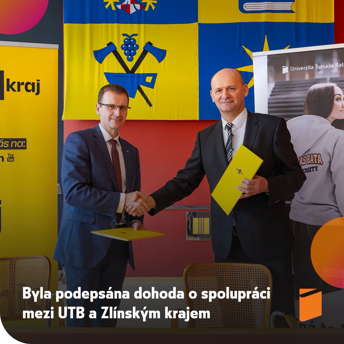 Včera rektor prof. Milan Adámek a hejtman Radim Holiš podepsali dohodu o spolupráci mezi krajem a UTB. Společným cílem je systematicky rozvíjet území Zlínského kraje a vytvářet zde podmínky pro rozvoj vzdělávání, výzkumu, inovací, podnikání i kvality života.🤝