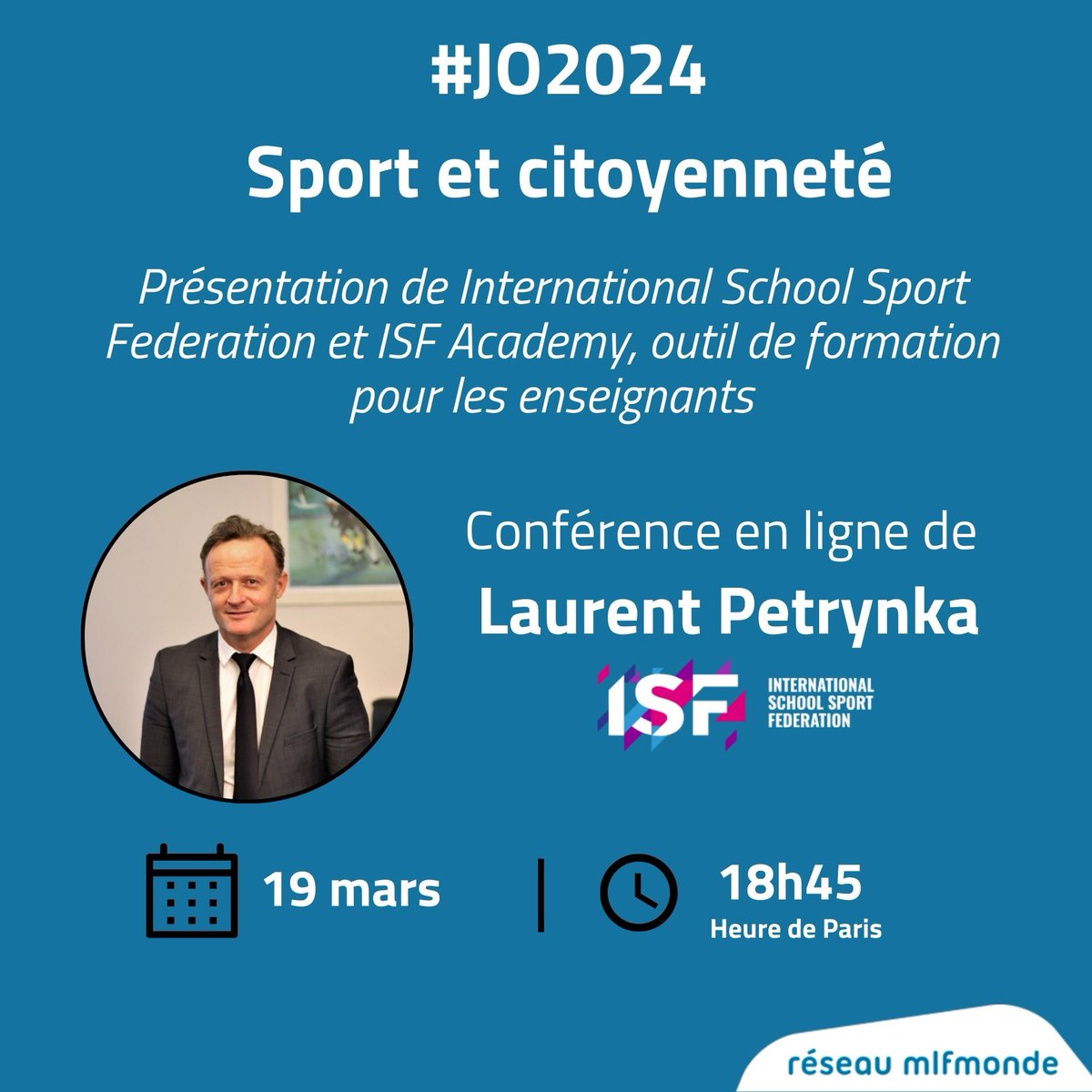 Parmi les webinaires #SPME2024, à ne pas manquer '#JO2024 : sport et citoyenneté' organisé par le #RéseauMlfmonde avec @lpetrynka. Présentation de @ISFsports, ISF Academy, outil de formation pour les enseignants. RDV aujourd'hui à 18h45 Inscription ➡️mlfmonde.org/actions_concou…