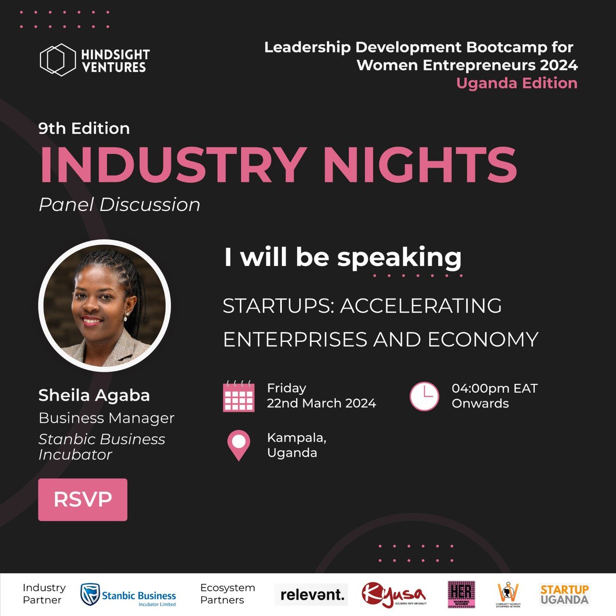 I am happy to share that I will be speaking at the 9th edition of Industry Nights being hosted in Kampala by @HSV_Africa in partnership with @SBIncubatorUG , Uganda's first official launch after its previous success in markets like; Kenya, Tanzania, & Ethiopia.