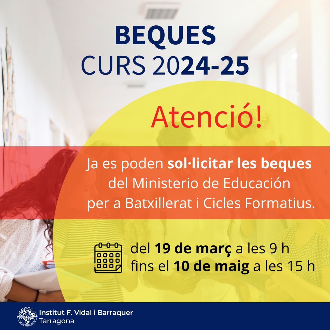🟦BEQUES | A partir d'avui ja es poden sol·licitar les beques del Ministerio per a Batxillerat i Cicles Formatius.
📆Termini: del 19 de març a les 9 h fins el 10 de maig a les 15 h
📌Més informació: educacionyfp.gob.es/servicios-al-c…
#joestudioalvidal #fp #batxillerat
