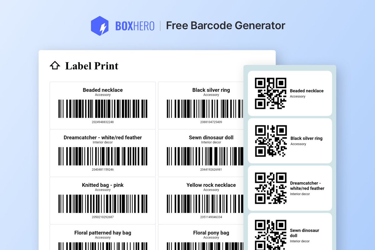 Generate #barcodes for FREE with BoxHero! 🙌
From 1D barcodes to 2D barcodes (QR codes), you can print your labels in just a few clicks. 

#Print #Printer #Barcode #BarcodeScanner #UPC #EAN #CODE39 #CODE128 #QR #QRCode #QRCodeGenerator