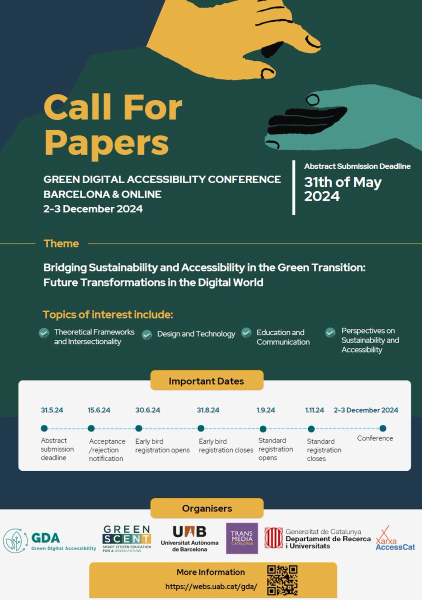 DTIEAO_UAB's tweet image. Call for Papers &amp;gt;&amp;gt; #GreenDigitalAccessibility Conference: bridging sustainability and accessibility in the green transition. Dec 2-3, 2024, in Barcelona &amp;amp; online. Submit your abstract by May 31, 2024. #accessibility #sustainability &amp;gt;&amp;gt;&amp;gt;  uab.cat/en/translation…