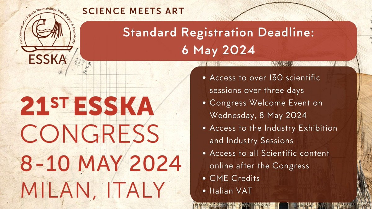 Don't miss out on #ESSKA2024, the event of the year! Join us in #Milan for an unforgettable #experience packed full of #innovative and #educational sessions built by the #ESSKA Community and delivered by a world-class #international faculty. Register: loom.ly/ZNwee08